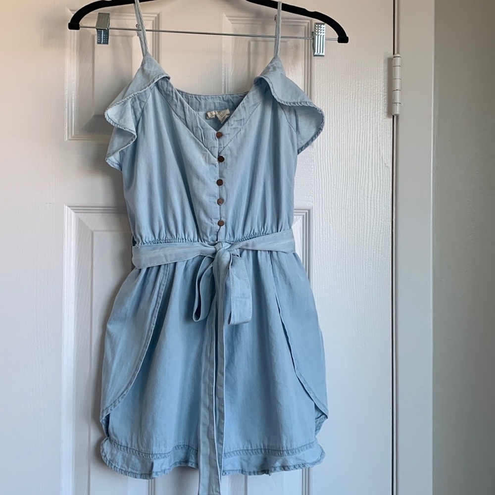 Chambray Shorts Romper with Ruffle Detail and Tie Belt